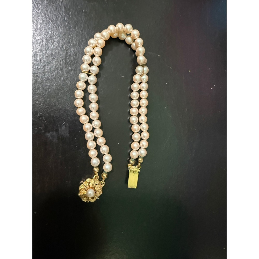 Vintage Double Strand Faux Pearl Bracelet Gold Tone Floral Clasp Cream Bridal